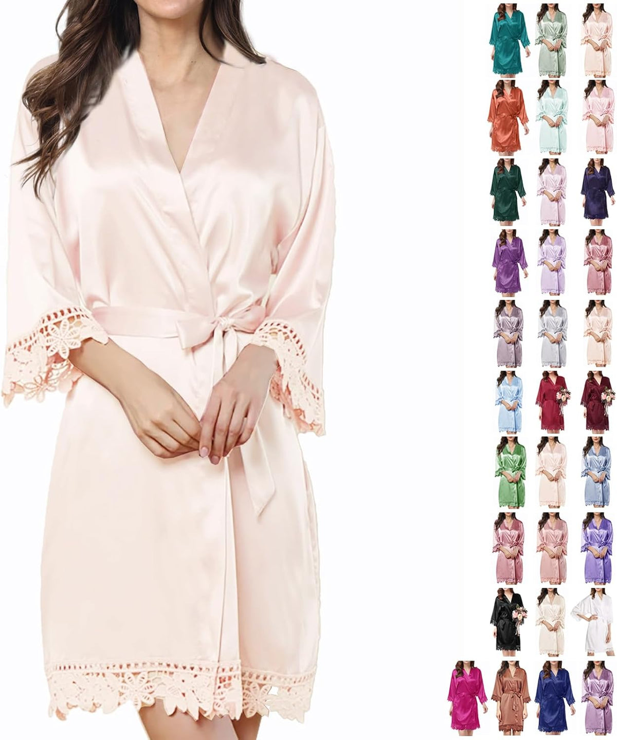 Womens Silk Robe Satin Robe Silky Kimono Lace Bathrobe Wedding Dressing Gown For Bridal Bride Bridesmaid Robes