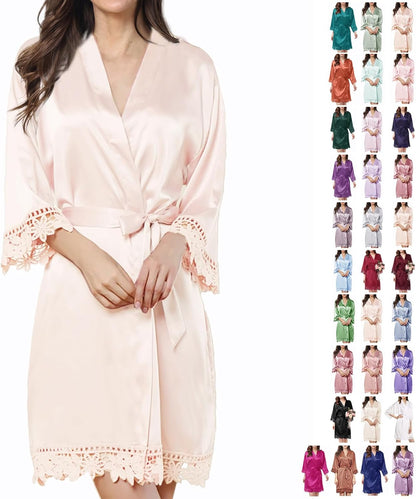 Womens Silk Robe Satin Robe Silky Kimono Lace Bathrobe Wedding Dressing Gown For Bridal Bride Bridesmaid Robes
