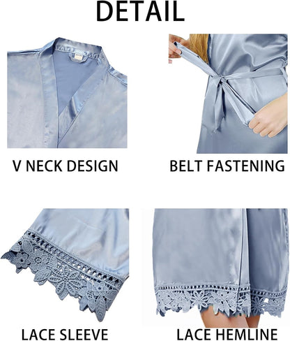 Womens Silk Robe Satin Robe Silky Kimono Lace Bathrobe Wedding Dressing Gown For Bridal Bride Bridesmaid Robes