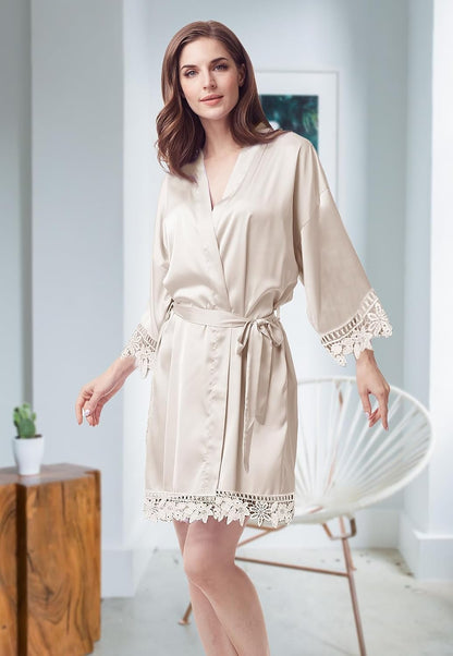 Womens Silk Robe Satin Robe Silky Kimono Lace Bathrobe Wedding Dressing Gown For Bridal Bride Bridesmaid Robes