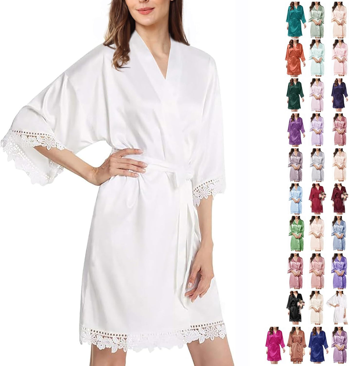 Womens Silk Robe Satin Robe Silky Kimono Lace Bathrobe Wedding Dressing Gown For Bridal Bride Bridesmaid Robes