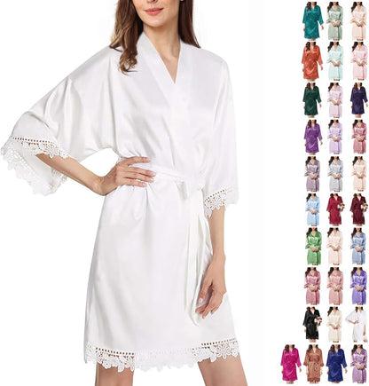 Womens Silk Robe Satin Robe Silky Kimono Lace Bathrobe Wedding Dressing Gown For Bridal Bride Bridesmaid Robes