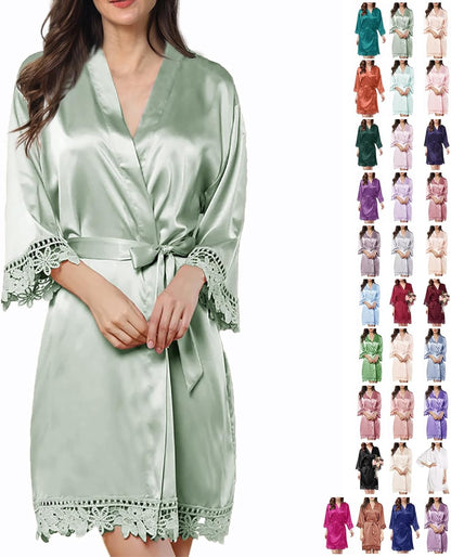 Womens Silk Robe Satin Robe Silky Kimono Lace Bathrobe Wedding Dressing Gown For Bridal Bride Bridesmaid Robes