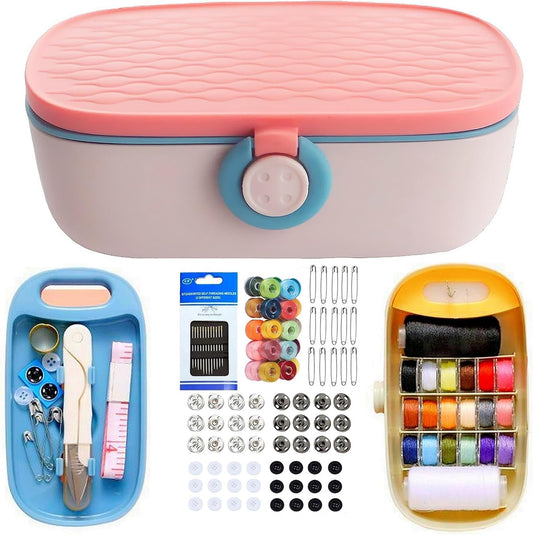 Pink Sewing Kit, 140Pcs Family Travel Sewing Project Kit Portable Small Traveler Sewing Supplies Repair Kit Thread Accessories DIY Sewing Supplies Organizer Box (Pink Sewing Kit)