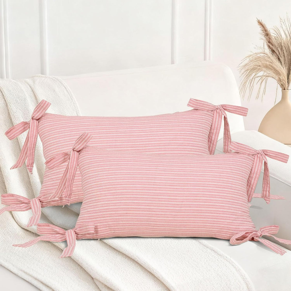 Pack of 2 Cotton Stripe Decorative Throw Pillow Covers 12x20 Inch Boho Bow Lumbar Cushion Cover Pillowcase Modern Farmhouse Home Decor for Sofa Bedroom Couch (Light Pink,12"x20")