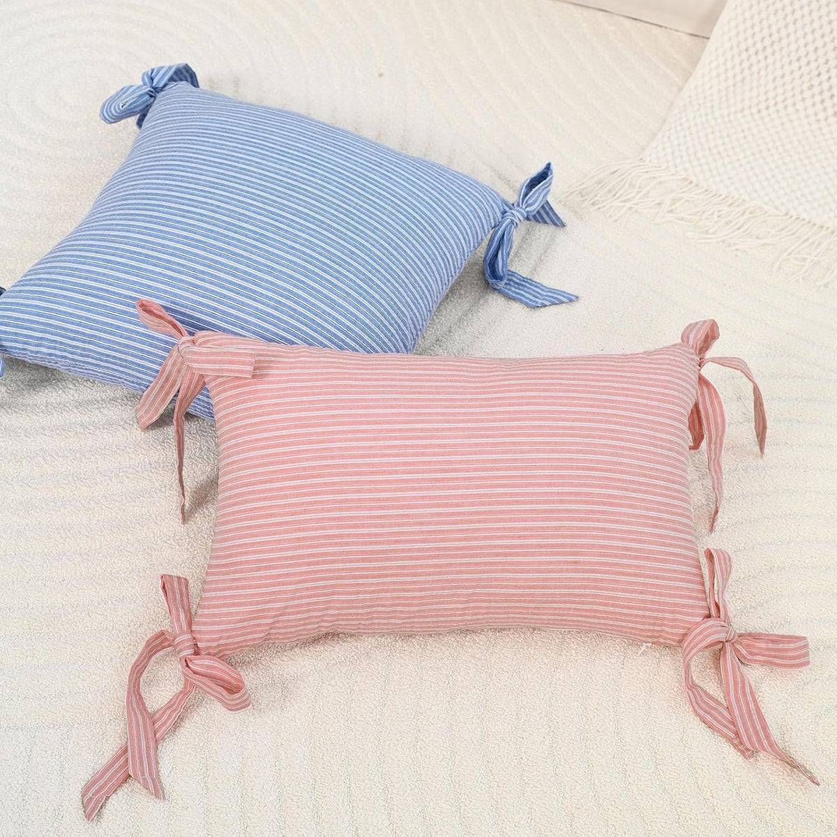 Pack of 2 Cotton Stripe Decorative Throw Pillow Covers 12x20 Inch Boho Bow Lumbar Cushion Cover Pillowcase Modern Farmhouse Home Decor for Sofa Bedroom Couch (Light Pink,12"x20")
