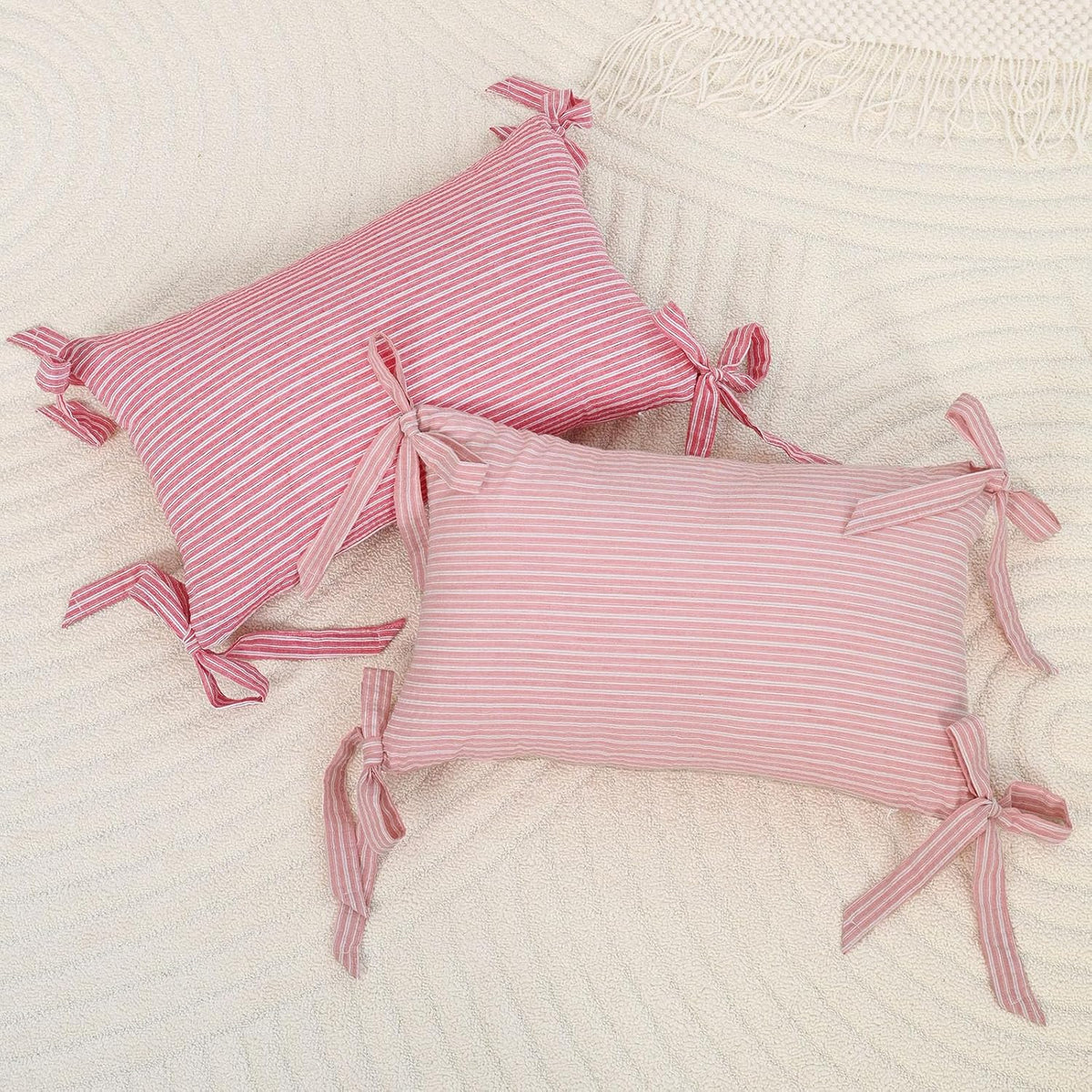 Pack of 2 Cotton Stripe Decorative Throw Pillow Covers 12x20 Inch Boho Bow Lumbar Cushion Cover Pillowcase Modern Farmhouse Home Decor for Sofa Bedroom Couch (Light Pink,12"x20")