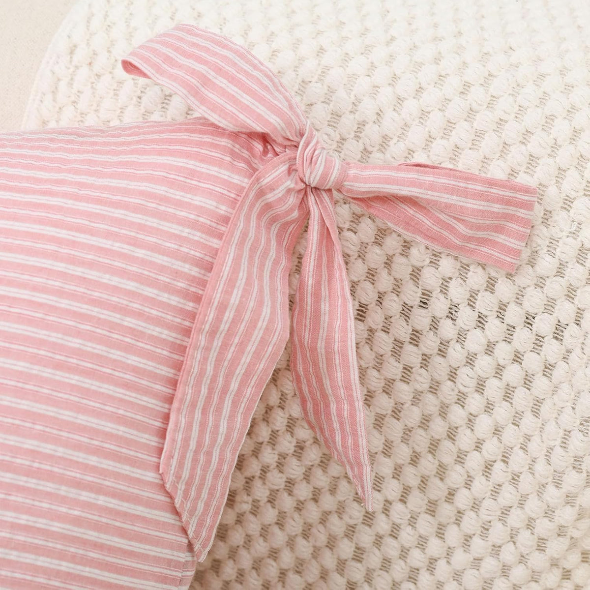 Pack of 2 Cotton Stripe Decorative Throw Pillow Covers 12x20 Inch Boho Bow Lumbar Cushion Cover Pillowcase Modern Farmhouse Home Decor for Sofa Bedroom Couch (Light Pink,12"x20")