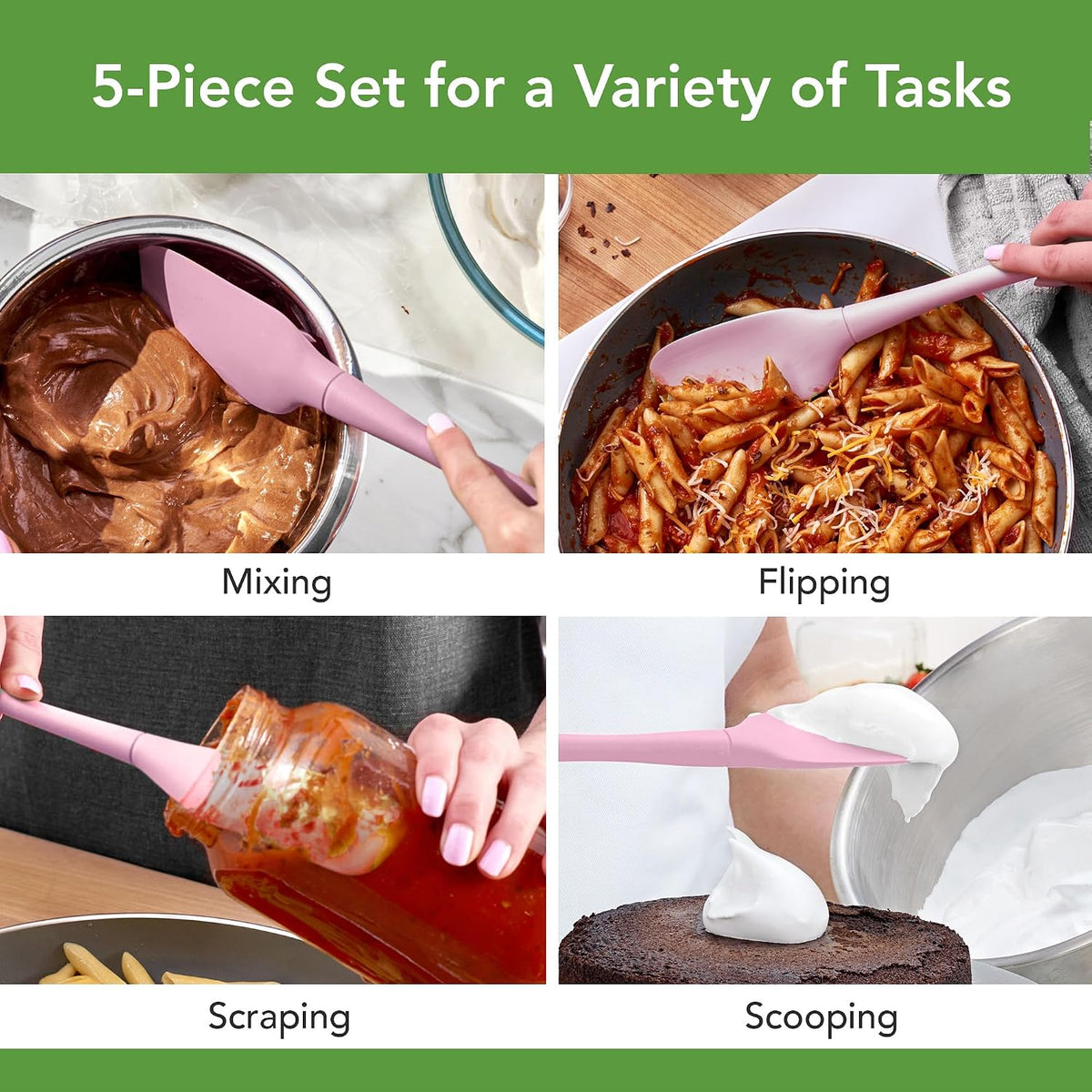 Flex Core 5 Piece Silicone Spatula Set Heat Resistant All Silicone Utensils Include Non Stick Spatula Spoonula Jar Scraper, Dishwasher Safe BPA Free Spatulas for Baking Mixing, Pink Sorbet