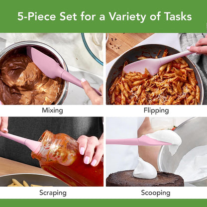 Flex Core 5 Piece Silicone Spatula Set Heat Resistant All Silicone Utensils Include Non Stick Spatula Spoonula Jar Scraper, Dishwasher Safe BPA Free Spatulas for Baking Mixing, Pink Sorbet