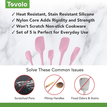 Flex Core 5 Piece Silicone Spatula Set Heat Resistant All Silicone Utensils Include Non Stick Spatula Spoonula Jar Scraper, Dishwasher Safe BPA Free Spatulas for Baking Mixing, Pink Sorbet