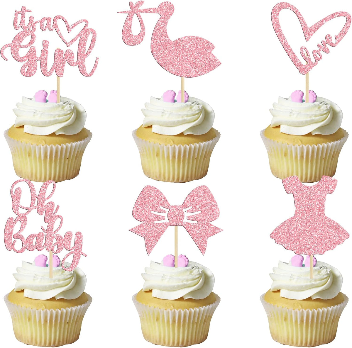 36 Pack Oh Baby Cupcake Toppers It's a Girl Cupcake Toppers with Bow Dress Love Heart Pink Glitter Cake Picks Decorations for Baby Shower Girl Birthday Party Supplies