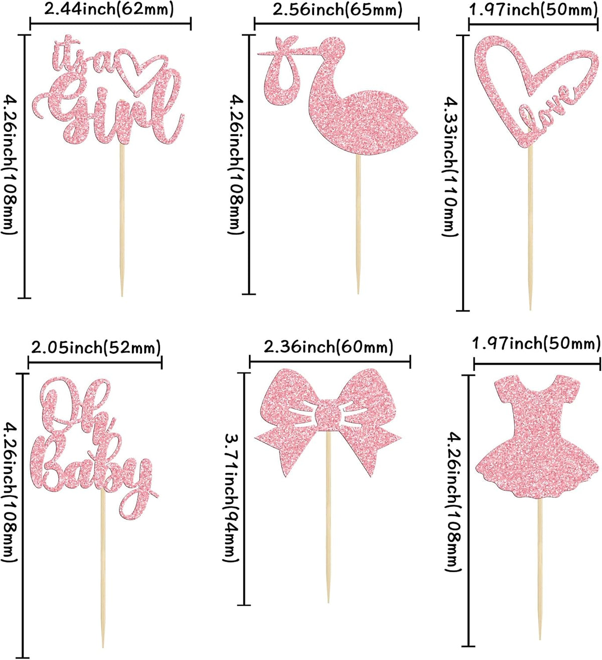 36 Pack Oh Baby Cupcake Toppers It's a Girl Cupcake Toppers with Bow Dress Love Heart Pink Glitter Cake Picks Decorations for Baby Shower Girl Birthday Party Supplies