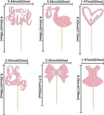 36 Pack Oh Baby Cupcake Toppers It's a Girl Cupcake Toppers with Bow Dress Love Heart Pink Glitter Cake Picks Decorations for Baby Shower Girl Birthday Party Supplies