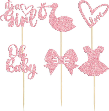 36 Pack Oh Baby Cupcake Toppers It's a Girl Cupcake Toppers with Bow Dress Love Heart Pink Glitter Cake Picks Decorations for Baby Shower Girl Birthday Party Supplies