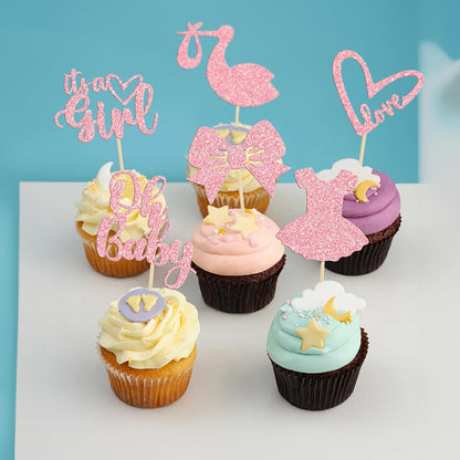 36 Pack Oh Baby Cupcake Toppers It's a Girl Cupcake Toppers with Bow Dress Love Heart Pink Glitter Cake Picks Decorations for Baby Shower Girl Birthday Party Supplies