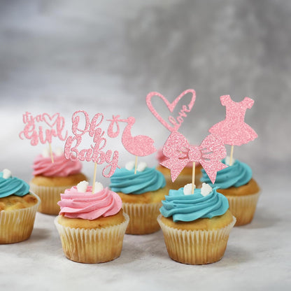 36 Pack Oh Baby Cupcake Toppers It's a Girl Cupcake Toppers with Bow Dress Love Heart Pink Glitter Cake Picks Decorations for Baby Shower Girl Birthday Party Supplies
