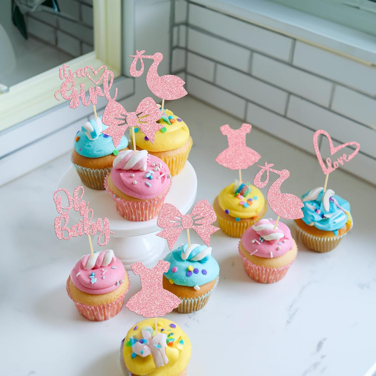 36 Pack Oh Baby Cupcake Toppers It's a Girl Cupcake Toppers with Bow Dress Love Heart Pink Glitter Cake Picks Decorations for Baby Shower Girl Birthday Party Supplies