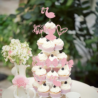 36 Pack Oh Baby Cupcake Toppers It's a Girl Cupcake Toppers with Bow Dress Love Heart Pink Glitter Cake Picks Decorations for Baby Shower Girl Birthday Party Supplies