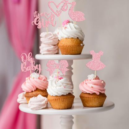 36 Pack Oh Baby Cupcake Toppers It's a Girl Cupcake Toppers with Bow Dress Love Heart Pink Glitter Cake Picks Decorations for Baby Shower Girl Birthday Party Supplies