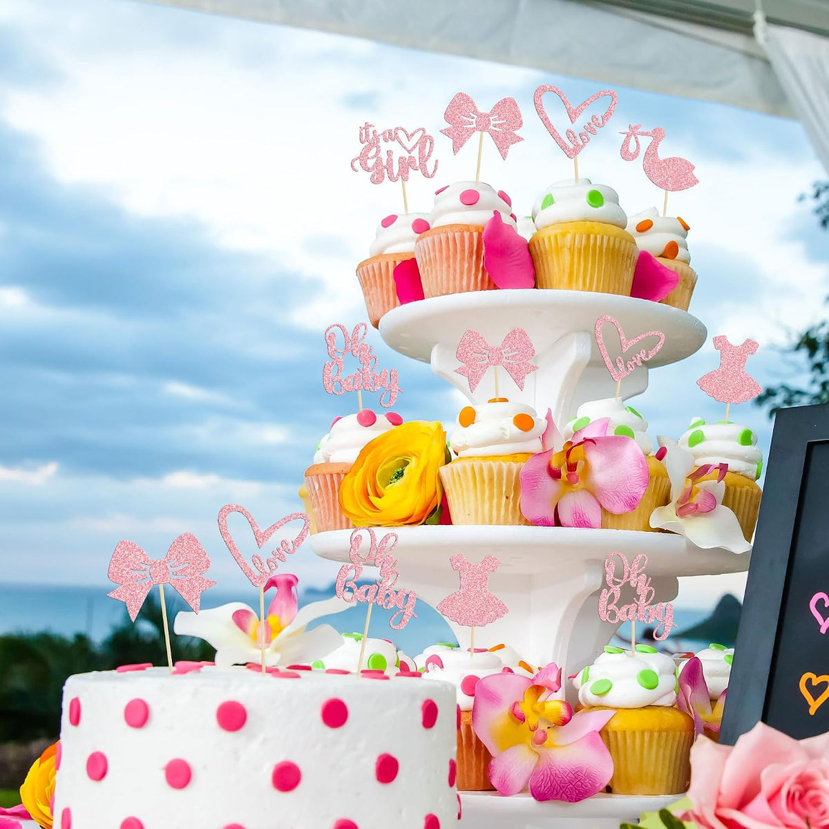 36 Pack Oh Baby Cupcake Toppers It's a Girl Cupcake Toppers with Bow Dress Love Heart Pink Glitter Cake Picks Decorations for Baby Shower Girl Birthday Party Supplies