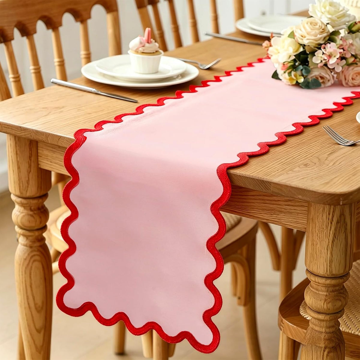 Scalloped Edge Table Runner Elegant Red Pink Table Cover Decoration for Holiday Wedding Birthday Party Home Kitchen Dining, 12.6 x 69.3 Inch