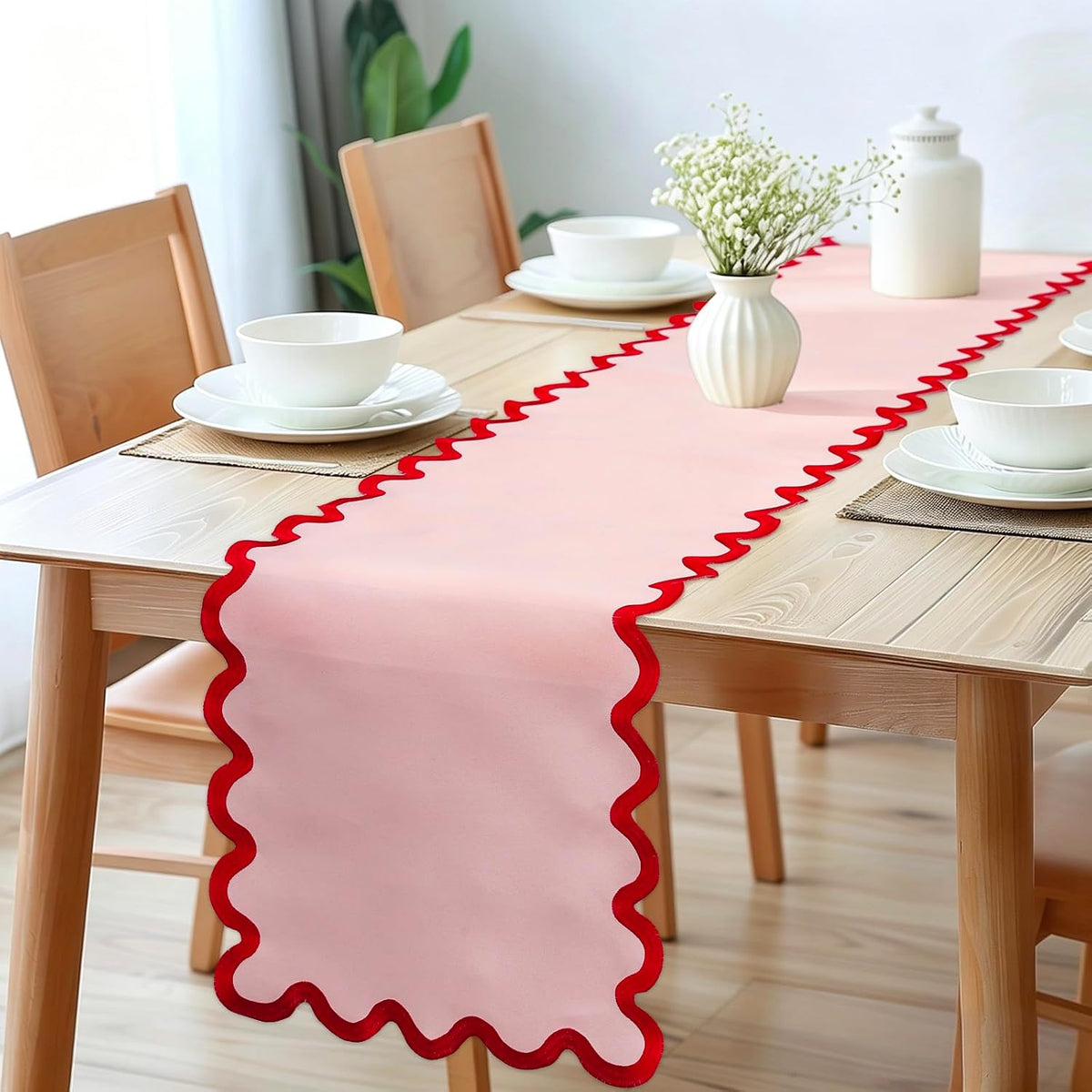 Scalloped Edge Table Runner Elegant Red Pink Table Cover Decoration for Holiday Wedding Birthday Party Home Kitchen Dining, 12.6 x 69.3 Inch