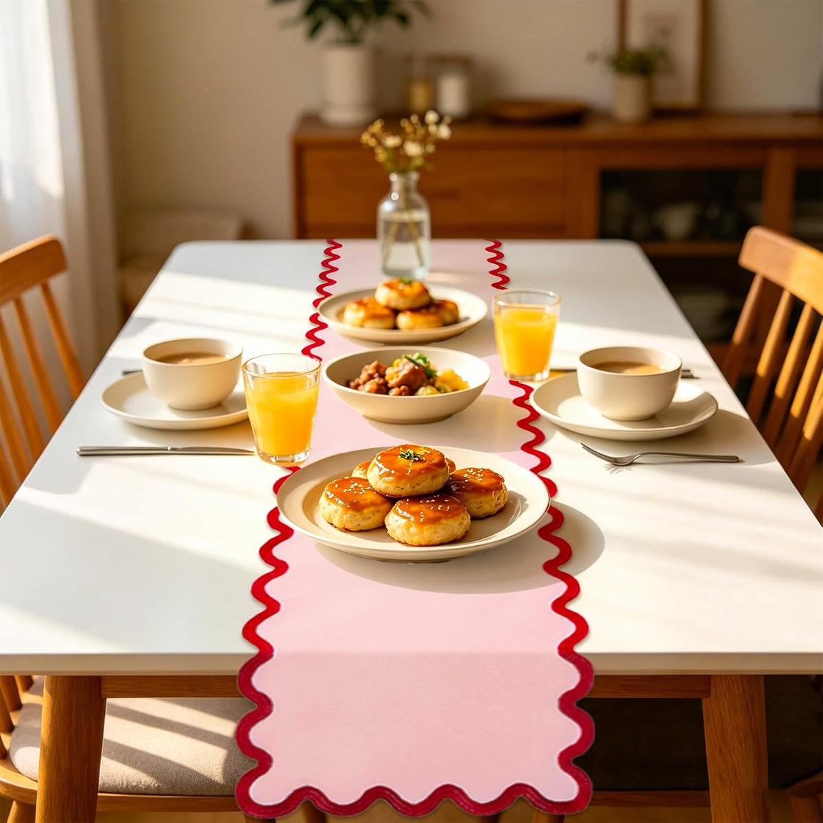 Scalloped Edge Table Runner Elegant Red Pink Table Cover Decoration for Holiday Wedding Birthday Party Home Kitchen Dining, 12.6 x 69.3 Inch