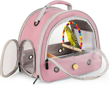 Portable Parrot Travel Cage Carrier with Small Swing Toy&Cage Colorful Toys Set Small Bird Parakeet Bag with Standing Perch Bird Carry Transport Bag (Pink, Carrier/Swing)