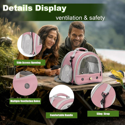 Portable Parrot Travel Cage Carrier with Small Swing Toy&Cage Colorful Toys Set Small Bird Parakeet Bag with Standing Perch Bird Carry Transport Bag (Pink, Carrier/Swing)