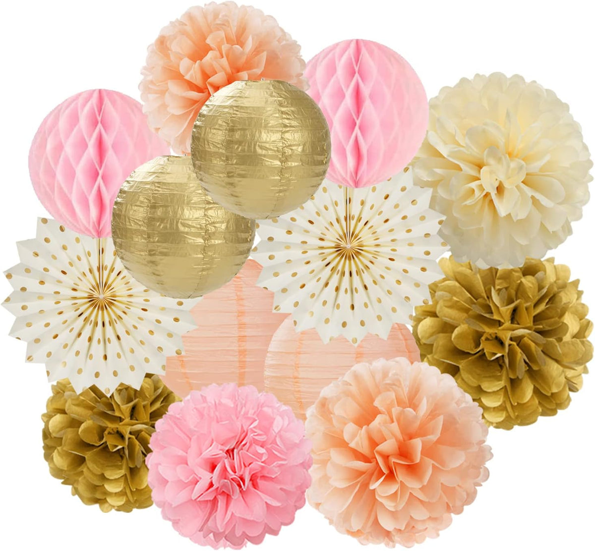 Pink Peach Gold Party Decorations - 14pcs Bridal Baby Shower Girls Birthday Paper Lanterns Fan,Tissue Pom Poms Streamers,Honeycomb Balls,Engagement Wedding Bachelorette Brunch Decor