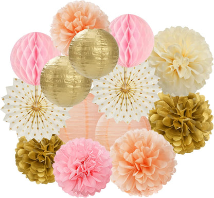Pink Peach Gold Party Decorations - 14pcs Bridal Baby Shower Girls Birthday Paper Lanterns Fan,Tissue Pom Poms Streamers,Honeycomb Balls,Engagement Wedding Bachelorette Brunch Decor