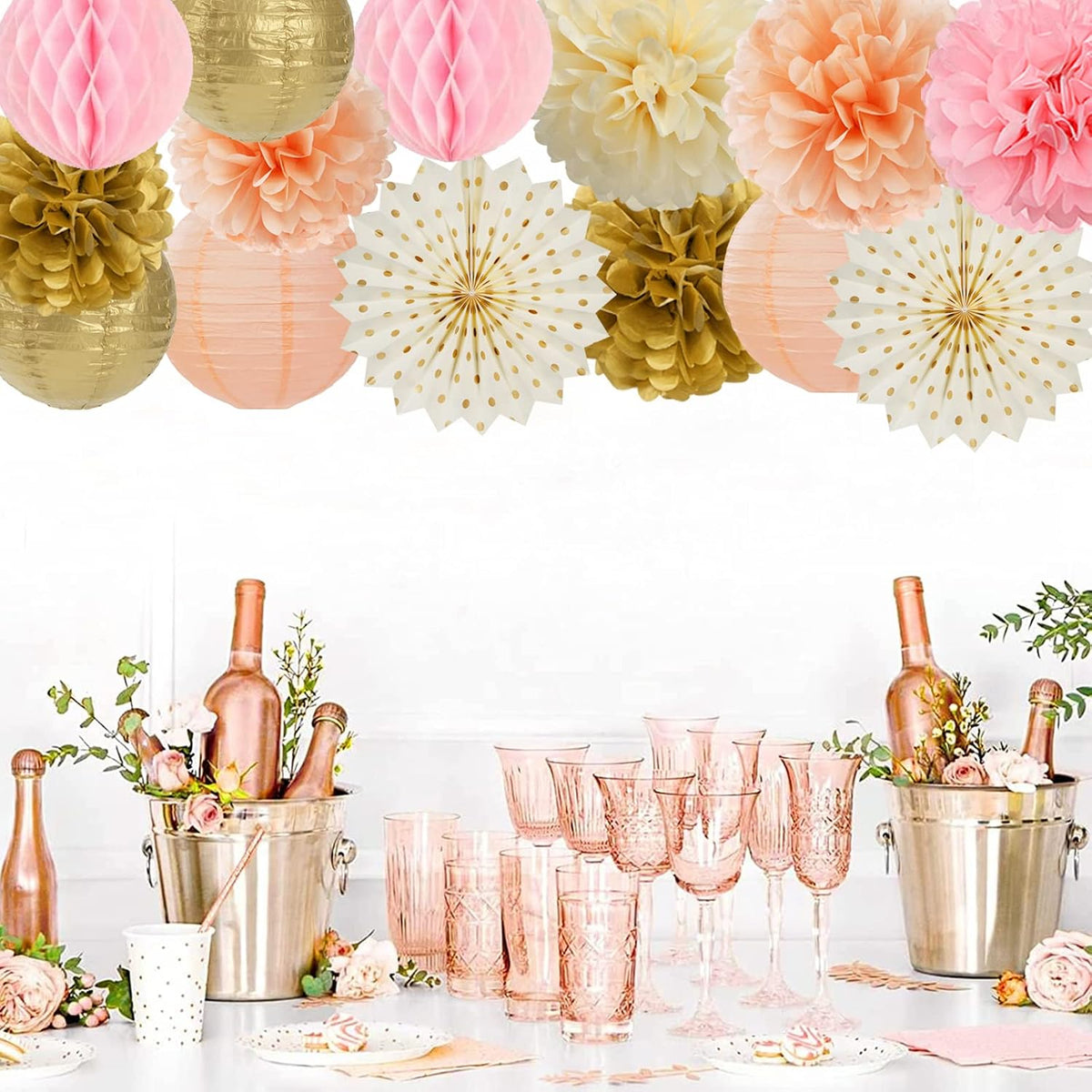 Pink Peach Gold Party Decorations - 14pcs Bridal Baby Shower Girls Birthday Paper Lanterns Fan,Tissue Pom Poms Streamers,Honeycomb Balls,Engagement Wedding Bachelorette Brunch Decor