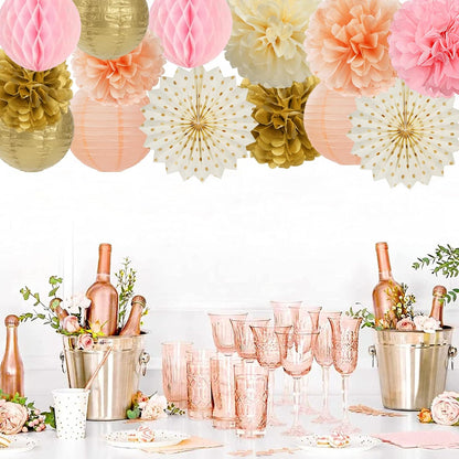 Pink Peach Gold Party Decorations - 14pcs Bridal Baby Shower Girls Birthday Paper Lanterns Fan,Tissue Pom Poms Streamers,Honeycomb Balls,Engagement Wedding Bachelorette Brunch Decor