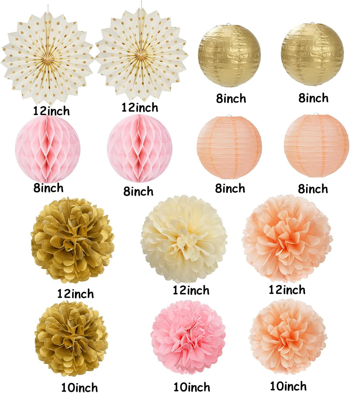 Pink Peach Gold Party Decorations - 14pcs Bridal Baby Shower Girls Birthday Paper Lanterns Fan,Tissue Pom Poms Streamers,Honeycomb Balls,Engagement Wedding Bachelorette Brunch Decor
