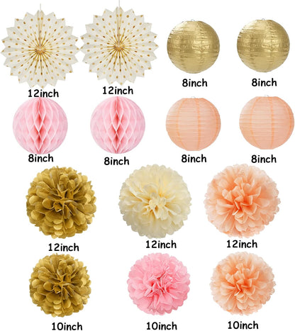 Pink Peach Gold Party Decorations - 14pcs Bridal Baby Shower Girls Birthday Paper Lanterns Fan,Tissue Pom Poms Streamers,Honeycomb Balls,Engagement Wedding Bachelorette Brunch Decor