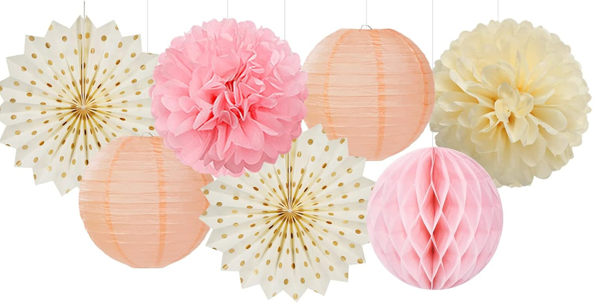 Pink Peach Gold Party Decorations - 14pcs Bridal Baby Shower Girls Birthday Paper Lanterns Fan,Tissue Pom Poms Streamers,Honeycomb Balls,Engagement Wedding Bachelorette Brunch Decor