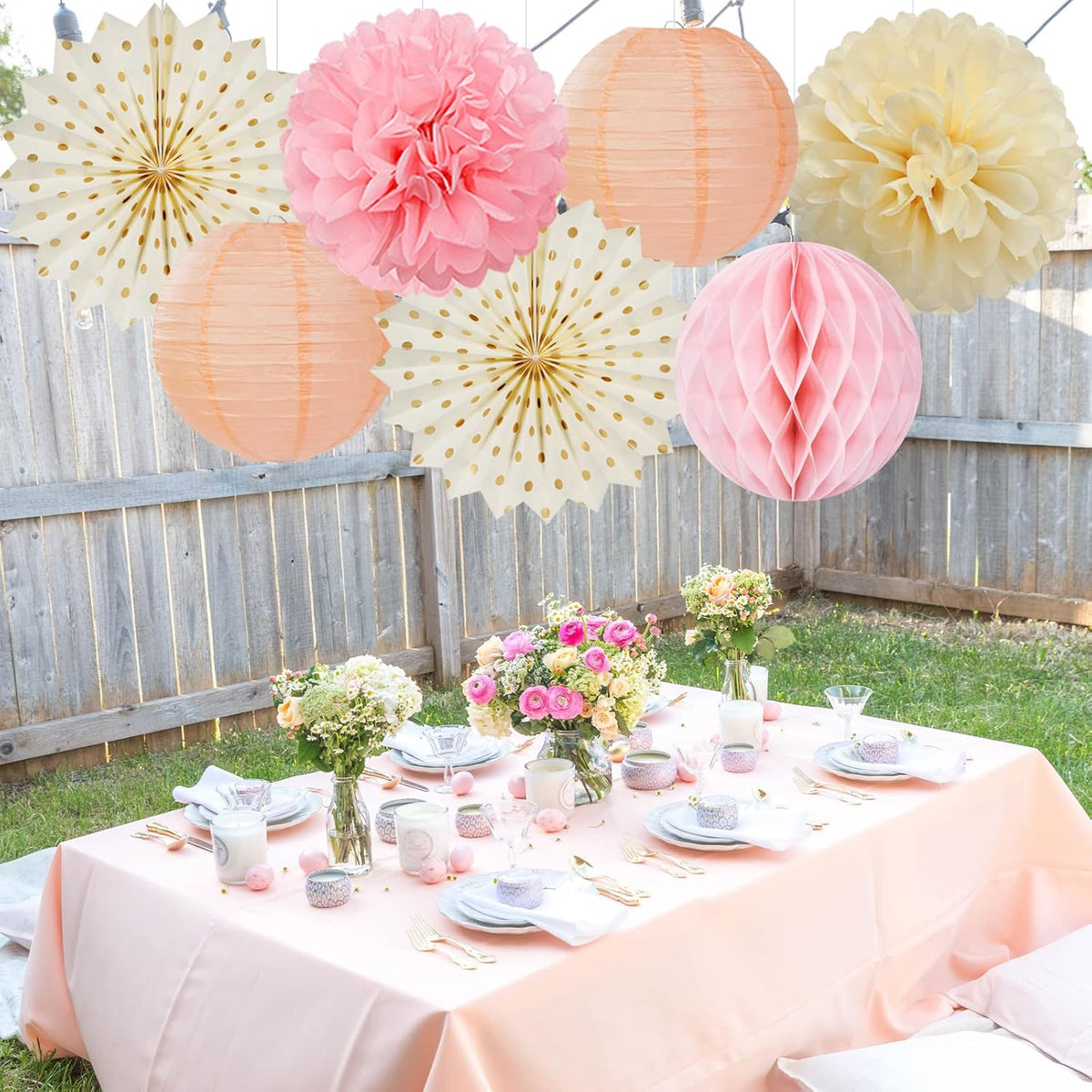 Pink Peach Gold Party Decorations - 14pcs Bridal Baby Shower Girls Birthday Paper Lanterns Fan,Tissue Pom Poms Streamers,Honeycomb Balls,Engagement Wedding Bachelorette Brunch Decor