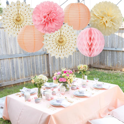 Pink Peach Gold Party Decorations - 14pcs Bridal Baby Shower Girls Birthday Paper Lanterns Fan,Tissue Pom Poms Streamers,Honeycomb Balls,Engagement Wedding Bachelorette Brunch Decor