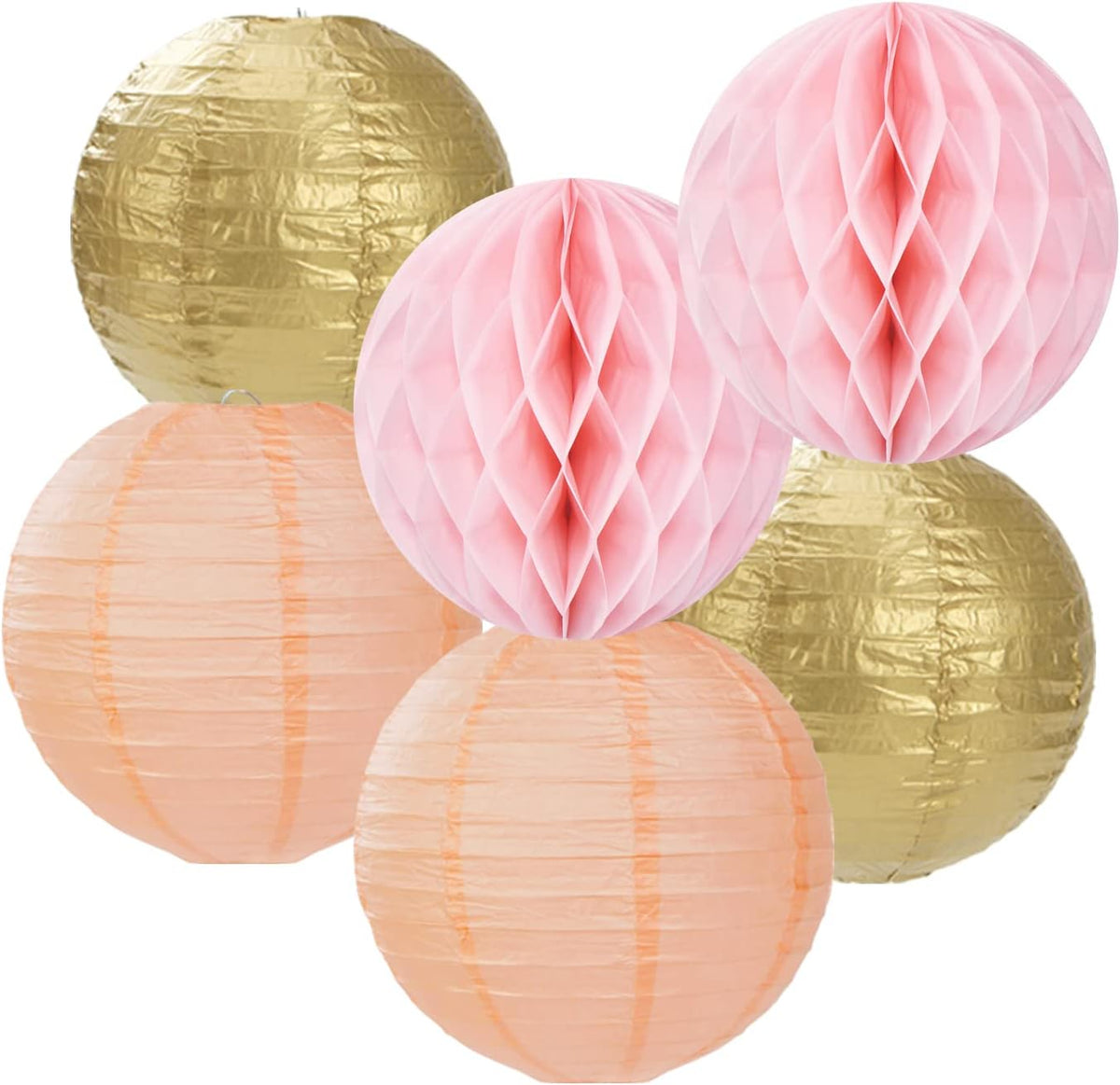 Pink Peach Gold Party Decorations - 14pcs Bridal Baby Shower Girls Birthday Paper Lanterns Fan,Tissue Pom Poms Streamers,Honeycomb Balls,Engagement Wedding Bachelorette Brunch Decor