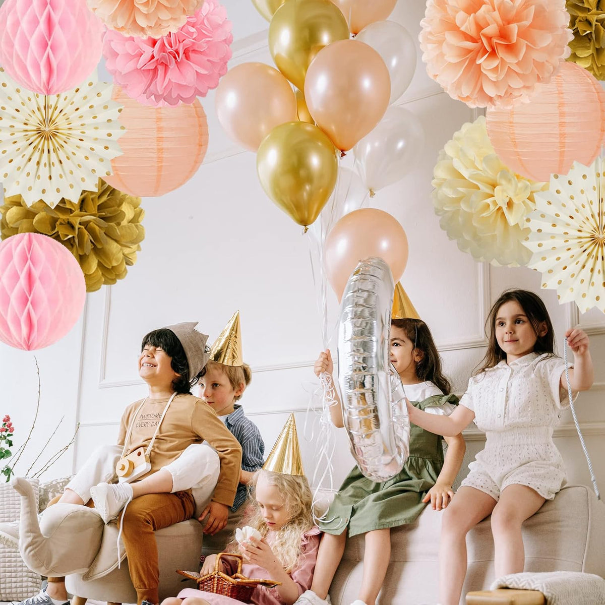 Pink Peach Gold Party Decorations - 14pcs Bridal Baby Shower Girls Birthday Paper Lanterns Fan,Tissue Pom Poms Streamers,Honeycomb Balls,Engagement Wedding Bachelorette Brunch Decor