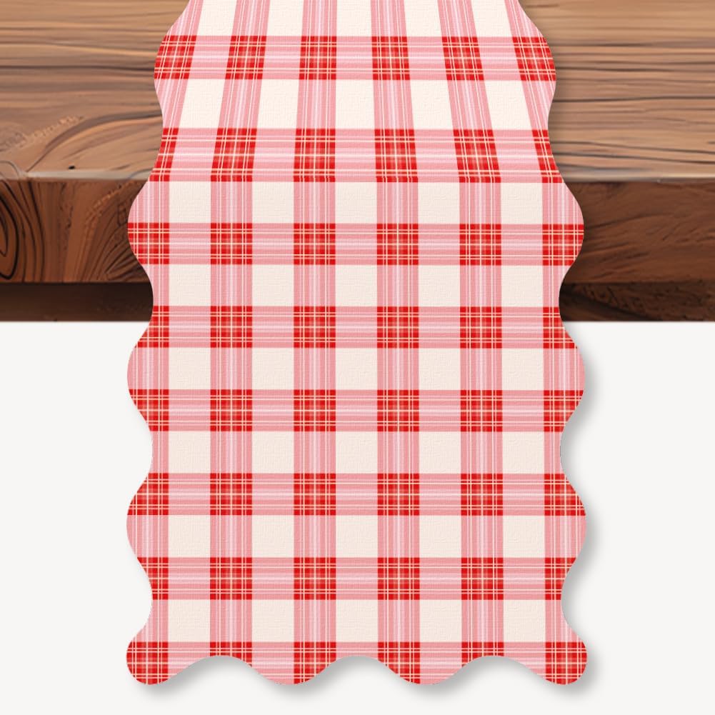 Pink White Buffalo Plaid Table Runner, 13x72 Inch Classic Rustic Farmhouse Kitchen Dining Table Decoration Red White Checkered Scalloped Tables Runners for Home Kitchen Holiday Party Christmas