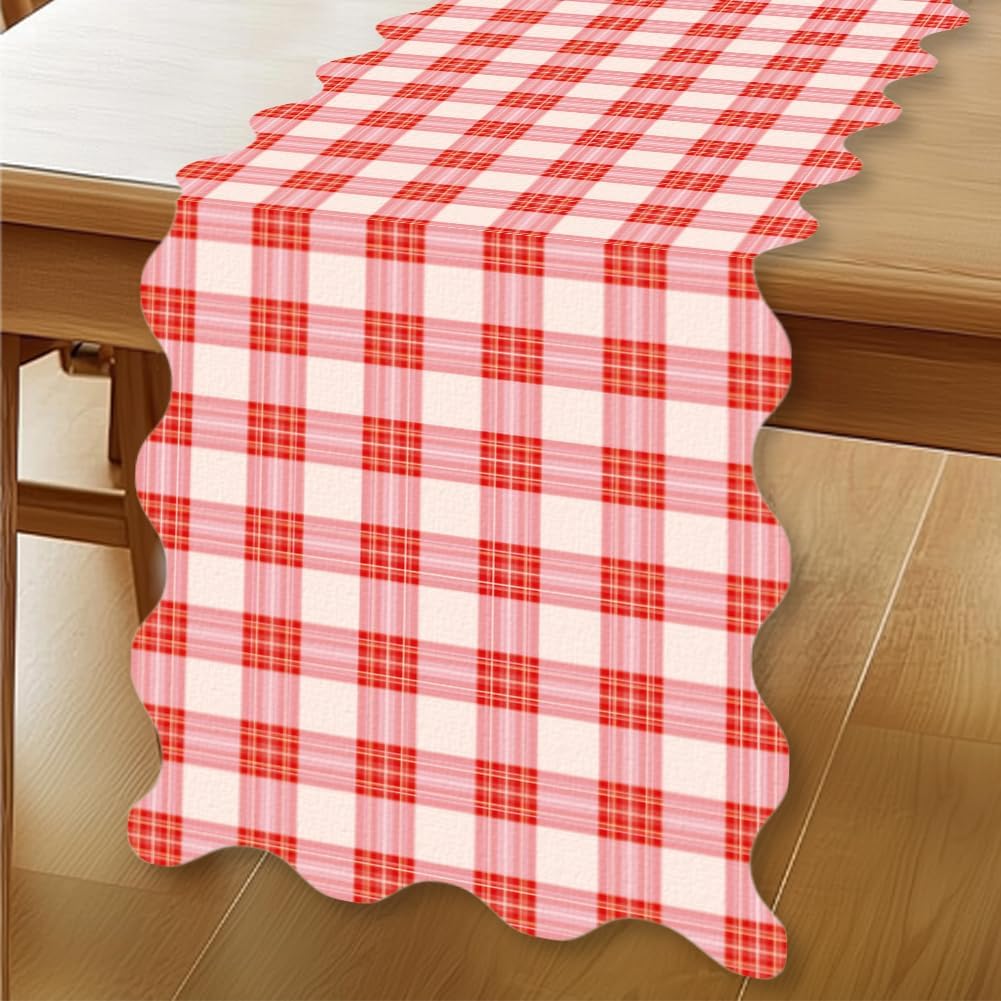 Pink White Buffalo Plaid Table Runner, 13x72 Inch Classic Rustic Farmhouse Kitchen Dining Table Decoration Red White Checkered Scalloped Tables Runners for Home Kitchen Holiday Party Christmas