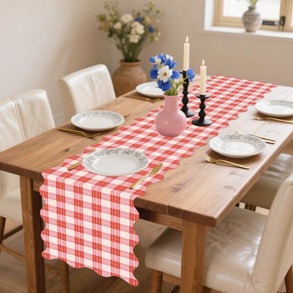 Pink White Buffalo Plaid Table Runner, 13x72 Inch Classic Rustic Farmhouse Kitchen Dining Table Decoration Red White Checkered Scalloped Tables Runners for Home Kitchen Holiday Party Christmas