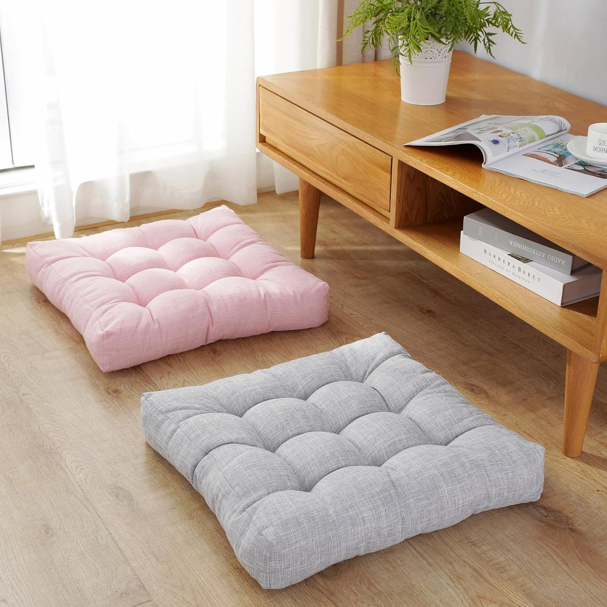 18x18x4 Inch Tufted Seat Cushion Cotton Linen Seat Cushions Non-Slip Chair Pad for Dining Room Kitchen Office Chairs (Pink,18"x18")