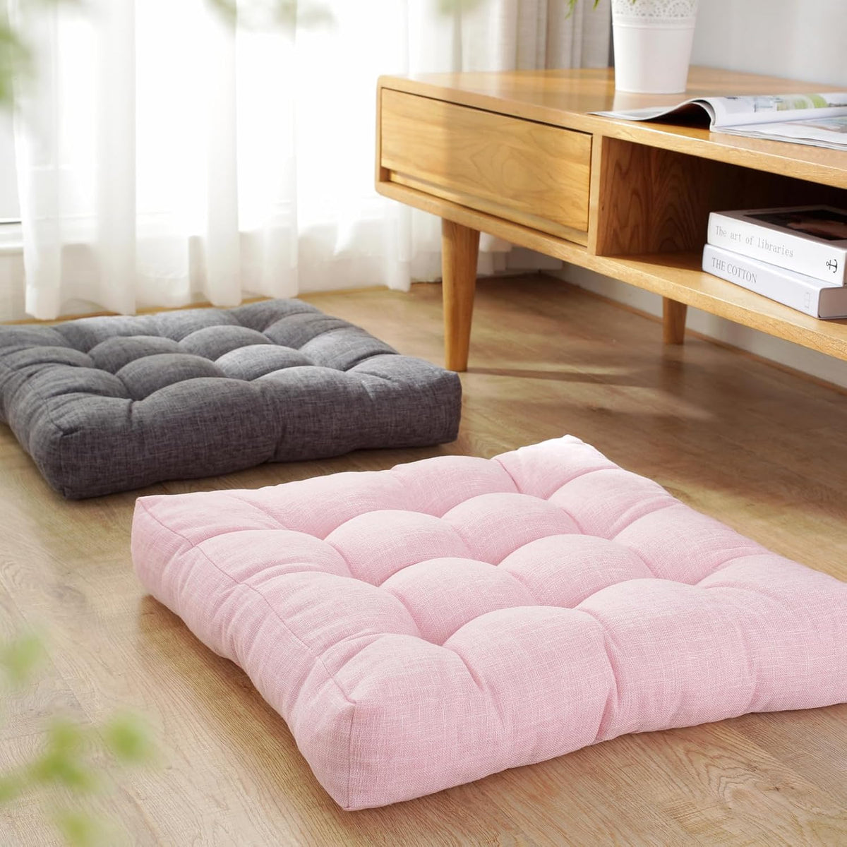 18x18x4 Inch Tufted Seat Cushion Cotton Linen Seat Cushions Non-Slip Chair Pad for Dining Room Kitchen Office Chairs (Pink,18"x18")