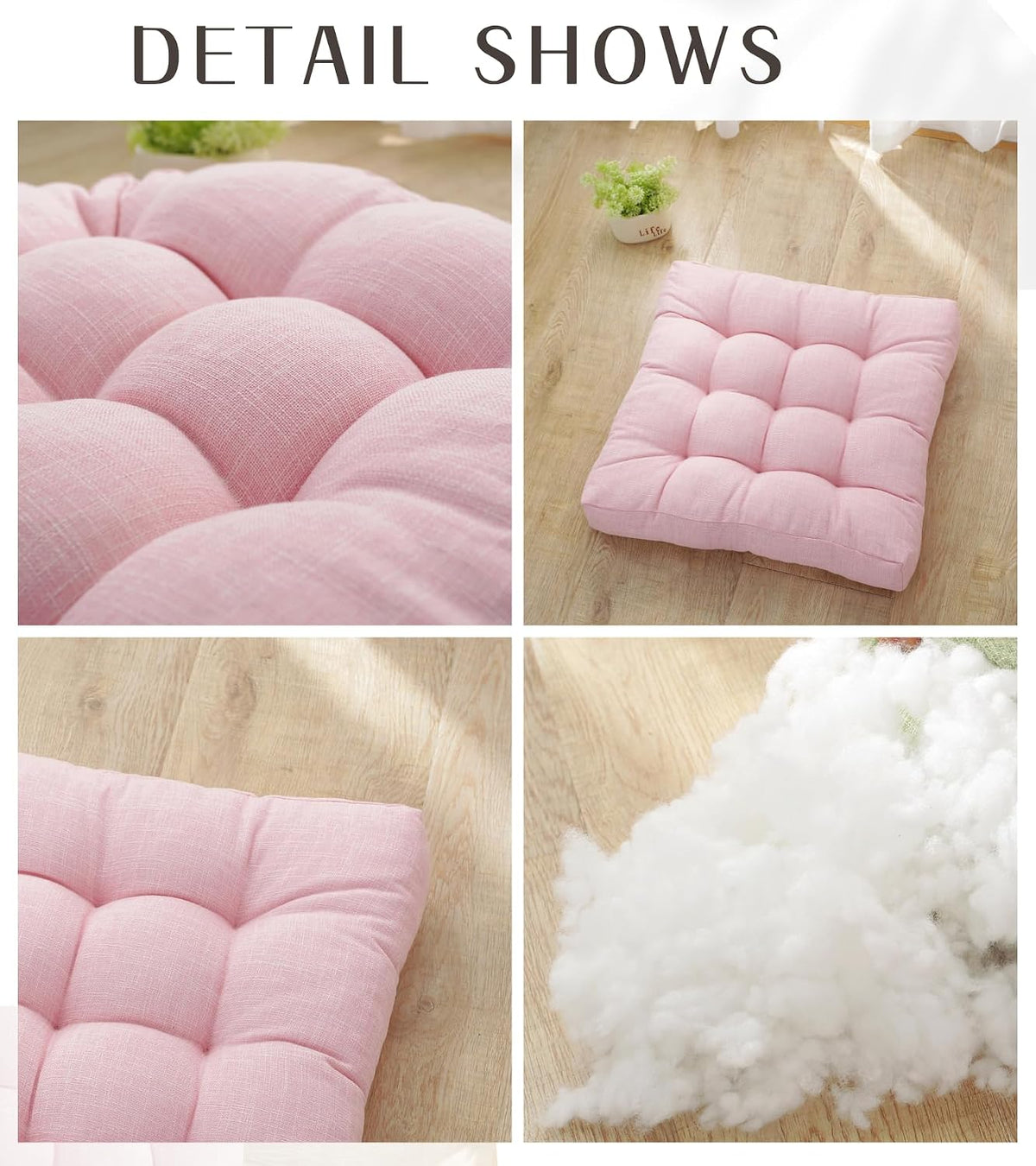 18x18x4 Inch Tufted Seat Cushion Cotton Linen Seat Cushions Non-Slip Chair Pad for Dining Room Kitchen Office Chairs (Pink,18"x18")