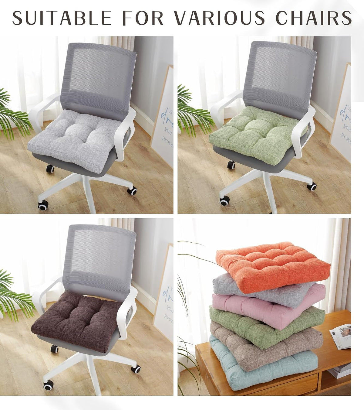 18x18x4 Inch Tufted Seat Cushion Cotton Linen Seat Cushions Non-Slip Chair Pad for Dining Room Kitchen Office Chairs (Pink,18"x18")