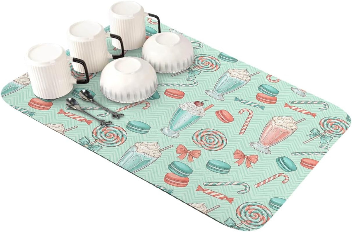 Pink Green Dish Drying Mat for Kitchen Counter, Absorbent Quick Dry Coffee Bar Mat Pad Thin Diatomaceous Sink Mats, Modern Art Bow Knot Non Slip Dish Drainer Mats 16''x18''
