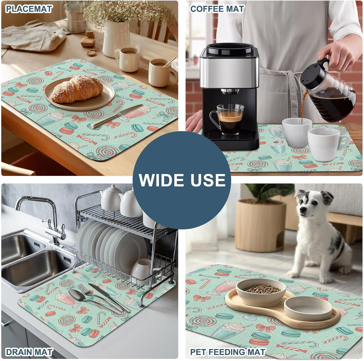 Pink Green Dish Drying Mat for Kitchen Counter, Absorbent Quick Dry Coffee Bar Mat Pad Thin Diatomaceous Sink Mats, Modern Art Bow Knot Non Slip Dish Drainer Mats 16''x18''